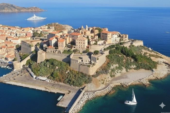 La citadelle de Calvi dominant la Méditerranée avec le port et la montagne en arrière-plan