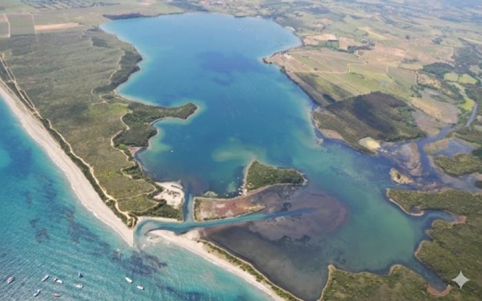 Vue aérienne de l’étang de Diana à Aléria avec ses eaux turquoise et les terres agricoles environnantes