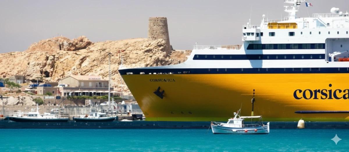 Navire Corsica Ferries accostant dans le port d’Aléria avec la tour génoise en arrière-plan