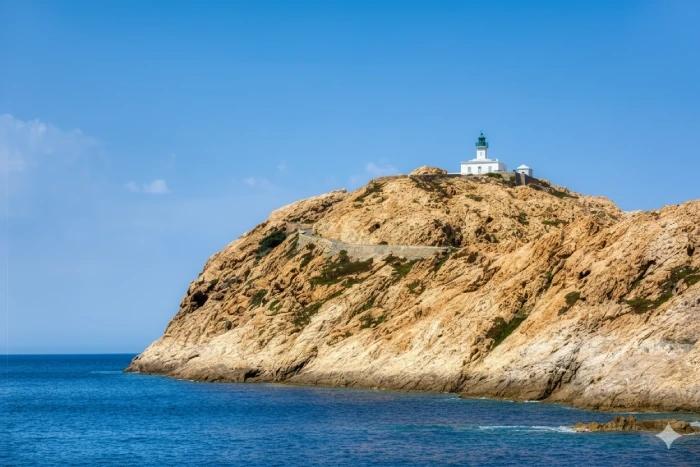 Phare de l’île de la Pietra à l’Île-Rousse, posé sur les rochers face à la mer, en Corse.