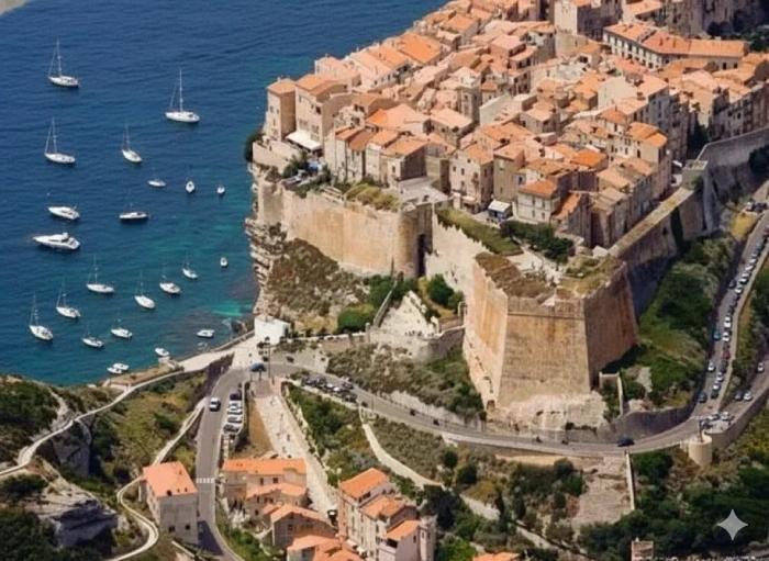 Vue aérienne de la citadelle de Bonifacio dominant les falaises calcaires.