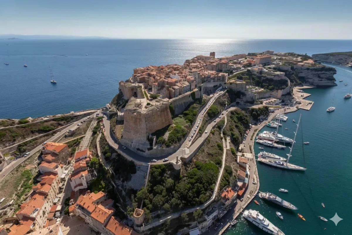 Citadelle de Bonifacio vue depuis la mer, posée sur les falaises calcaires.
