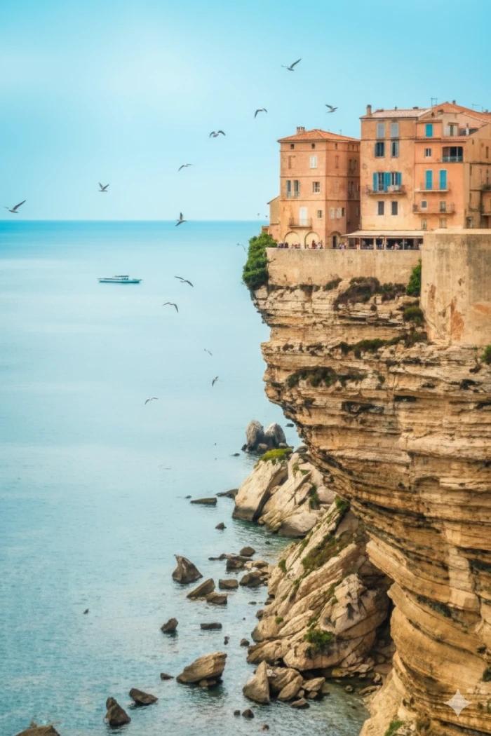 Vieille ville de Bonifacio perchée sur ses falaises face à la mer.