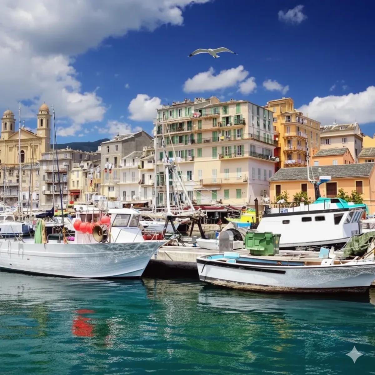 Vieux-Port de Bastia avec ses bateaux, ses façades colorées et son ambiance méditerranéenne.