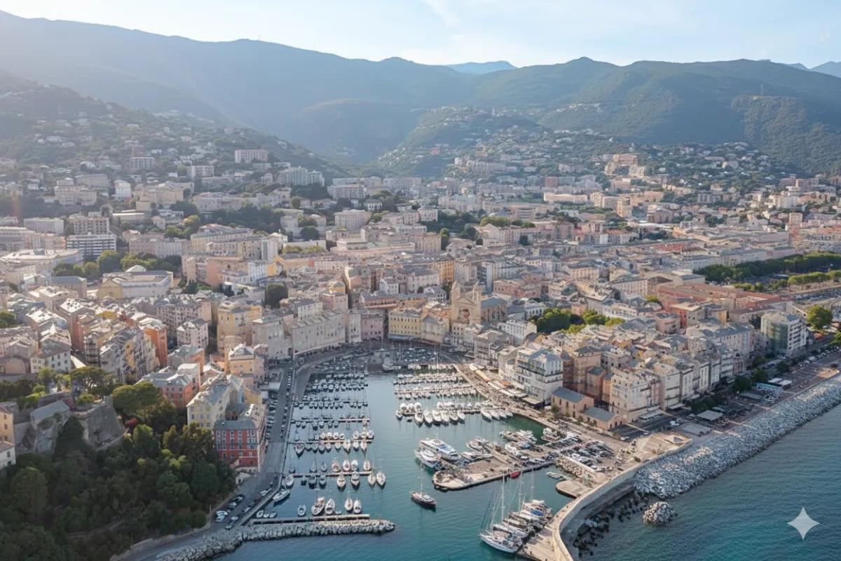 Vue aérienne de Bastia avec son port de plaisance, la vieille ville et les montagnes corses en arrière-plan.