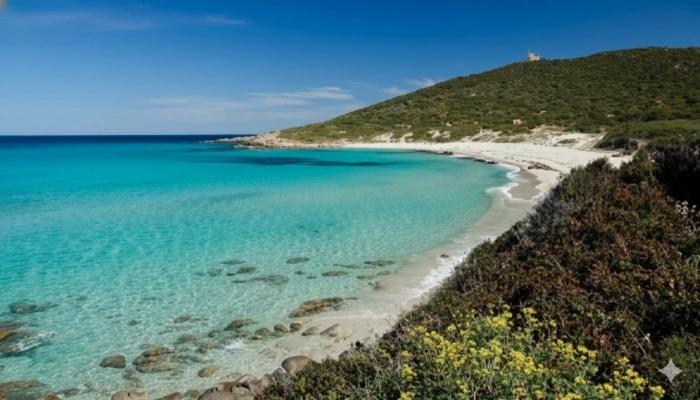 Plage de Bodri à proximité de l’Île Rousse avec eau turquoise et sable blanc