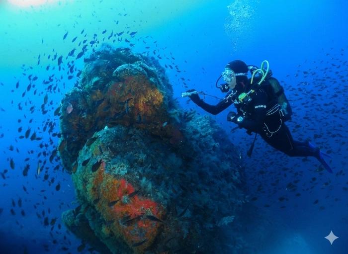 Plongeur explorant les fonds marins près de Propriano en Méditerranée