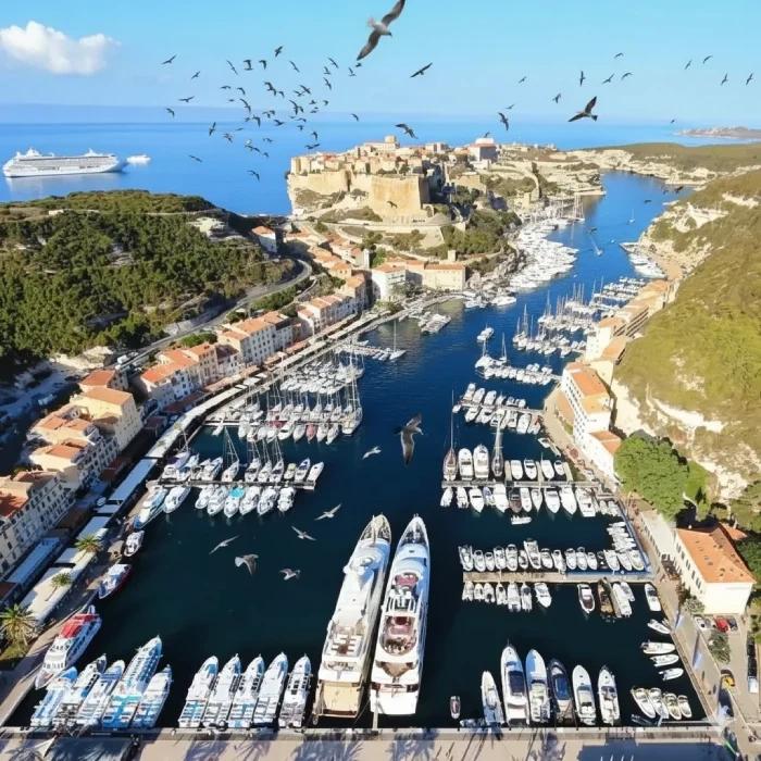 Panorama du port de Bonifacio avec ses bateaux, ses quais et les collines environnantes