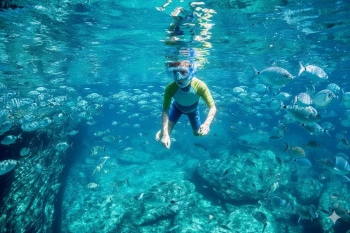 Enfant pratiquant le snorkeling dans une eau turquoise à Bonifacio entouré de poissons
