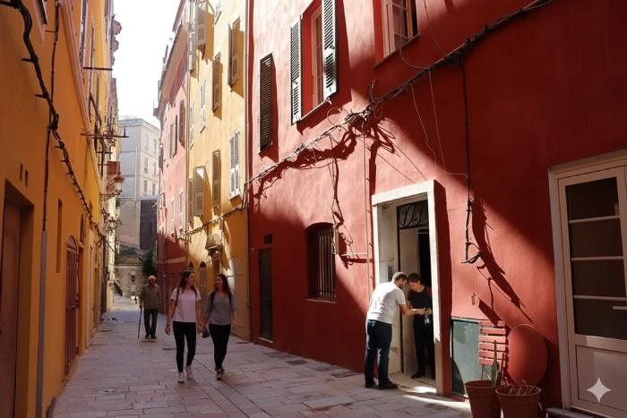Rues colorées et façades anciennes du quartier Terra Vecchia à Bastia, animées par des passants.