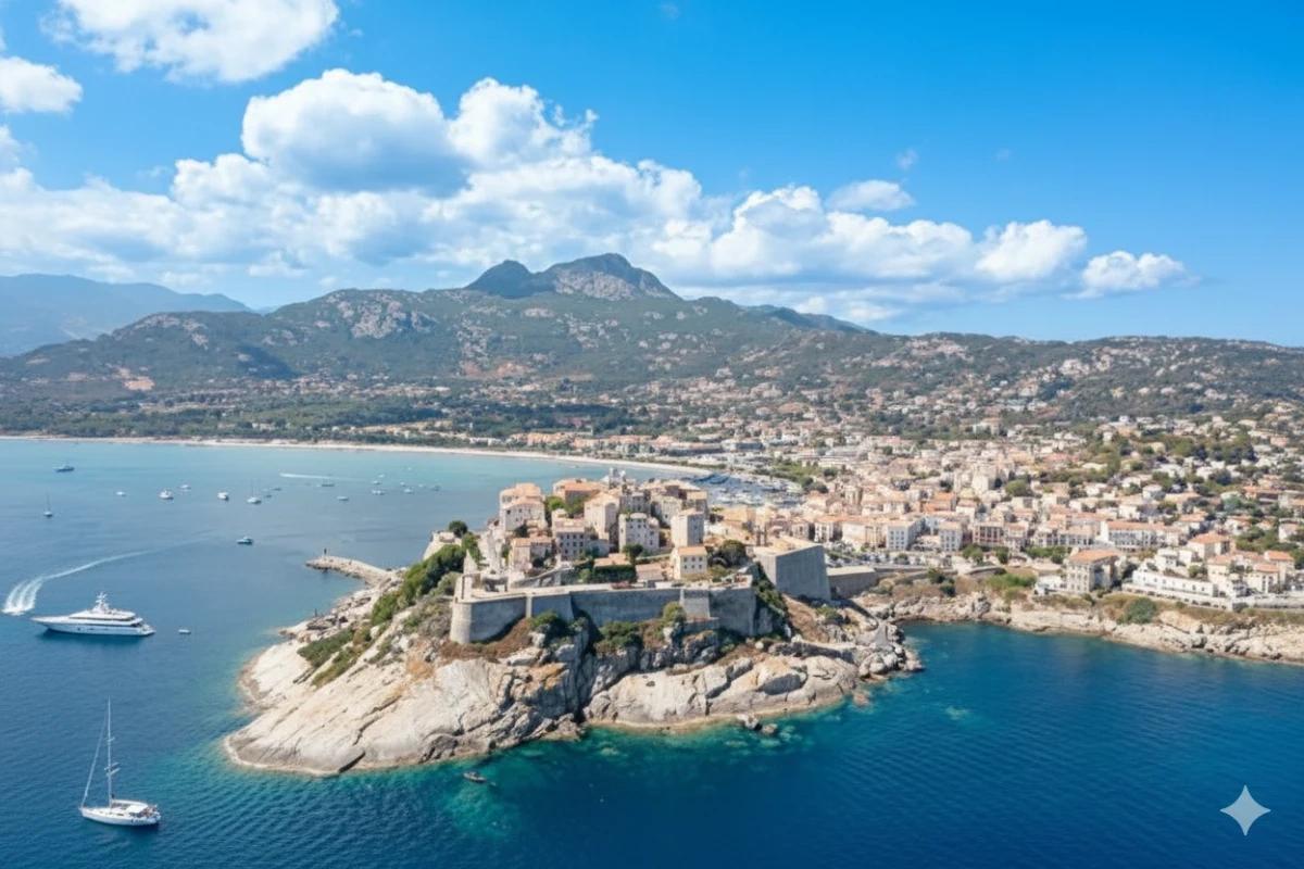 Vue aérienne de la ville de Calvi, de sa citadelle et de sa baie en Méditerranée