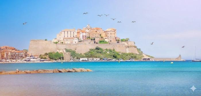 Vue aérienne de la citadelle de Calvi dominant la mer Méditerranée, avec les remparts et le littoral corse