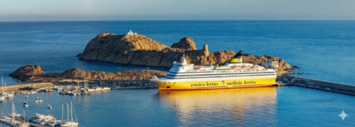 Ferry Corsica Ferries accostant au port de l’Île-Rousse, avec vue sur l’île de la Pietra en Haute-Corse